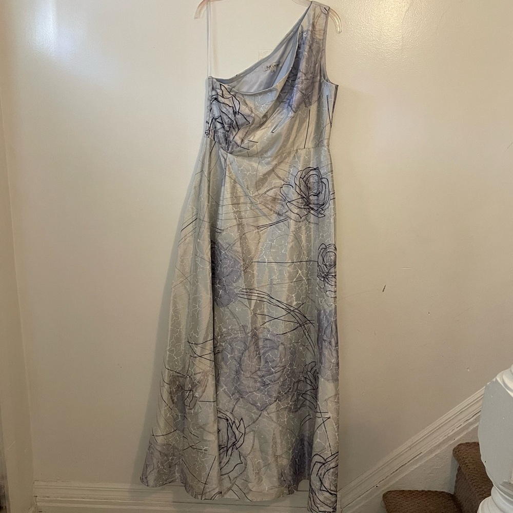 Kay Unger Silver Gray Floral One-Shoulder Maxi Dress